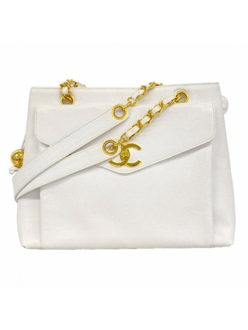 Chanel Chain Tote Caviar Leather White Gold
